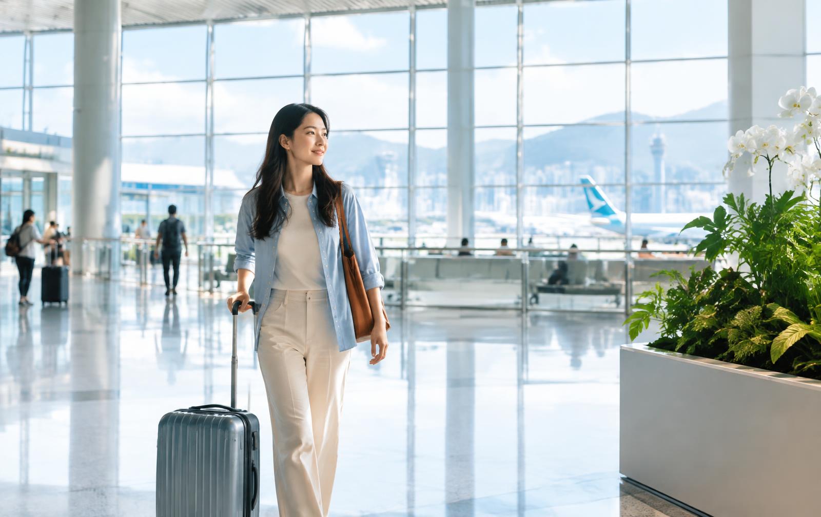 Traveler walking through a bright airport arrivals hall with a suitcase