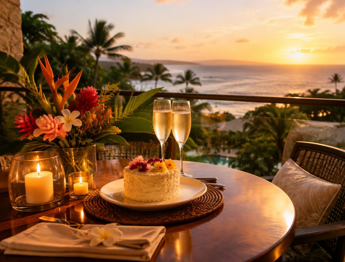 Celebration table with flowers and candles on a tropical hotel terrace at sunset