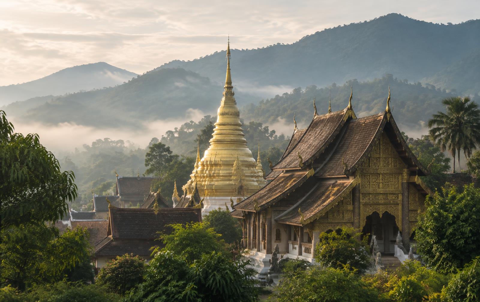 Golden Lanna temple among misty mountains in northern Thailand