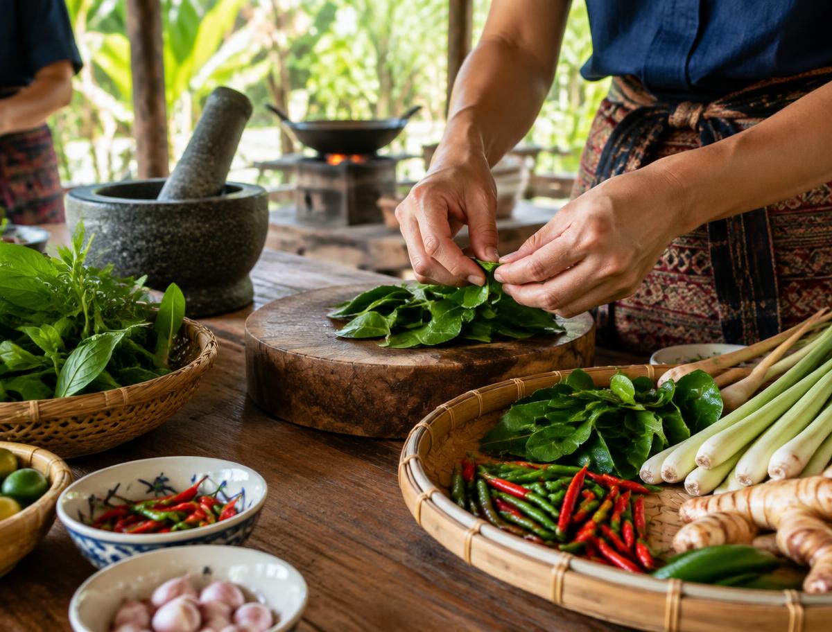 Fresh Thai herbs, chilies and lemongrass prepared in an open-air cooking class