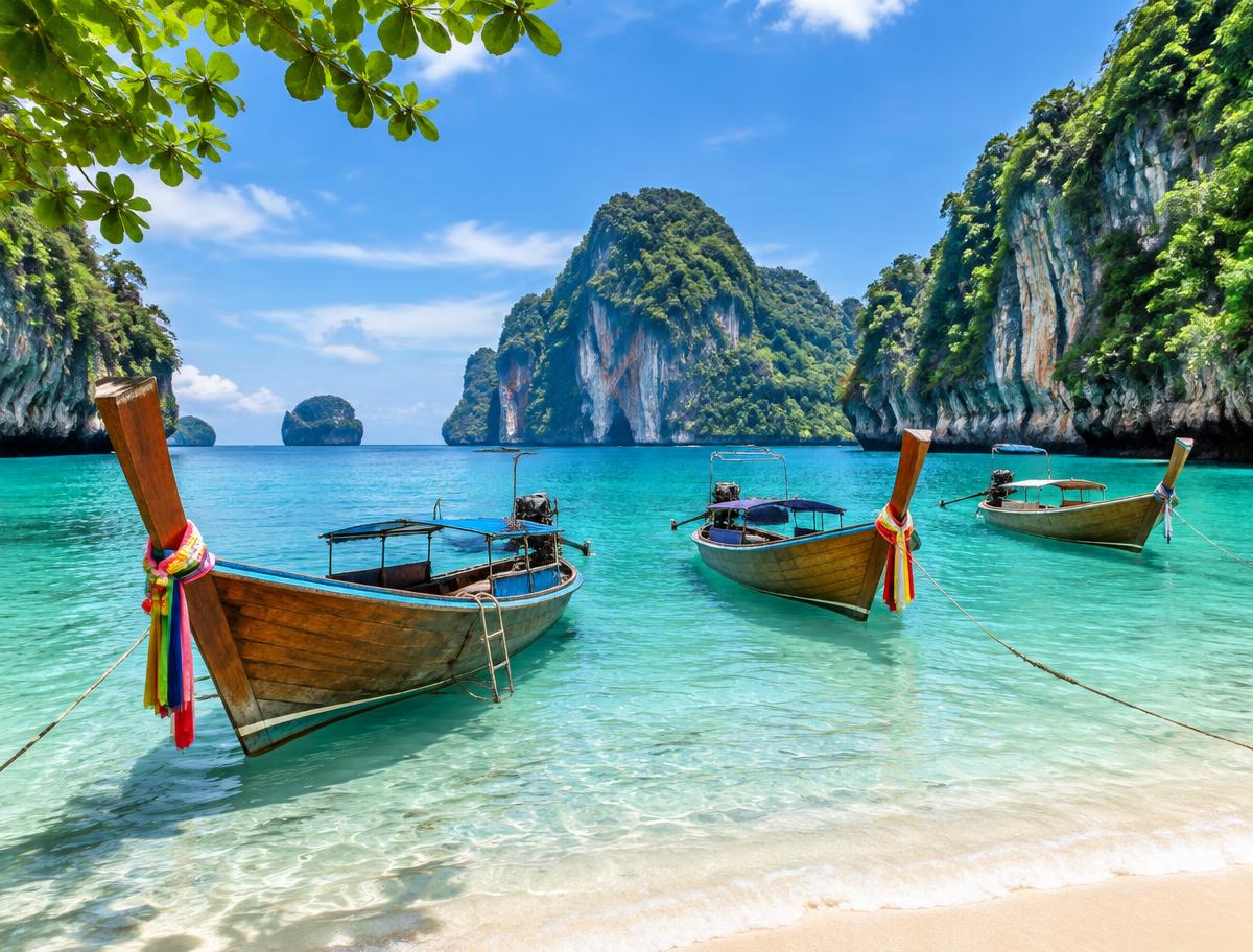 Longtail boats moored in turquoise water beside limestone islands
