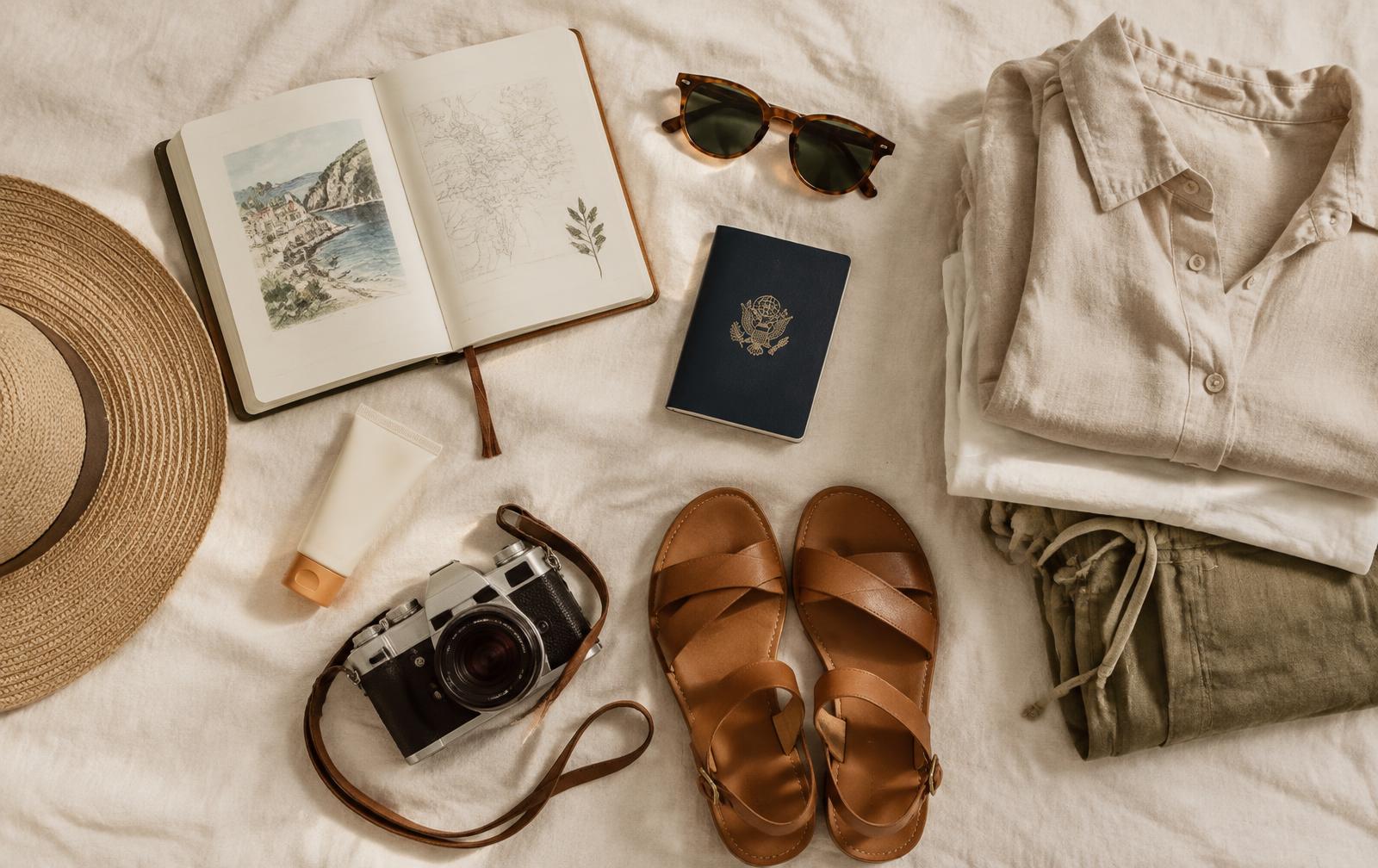 Flat lay of travel essentials: notebook, passport, linen clothes and sandals