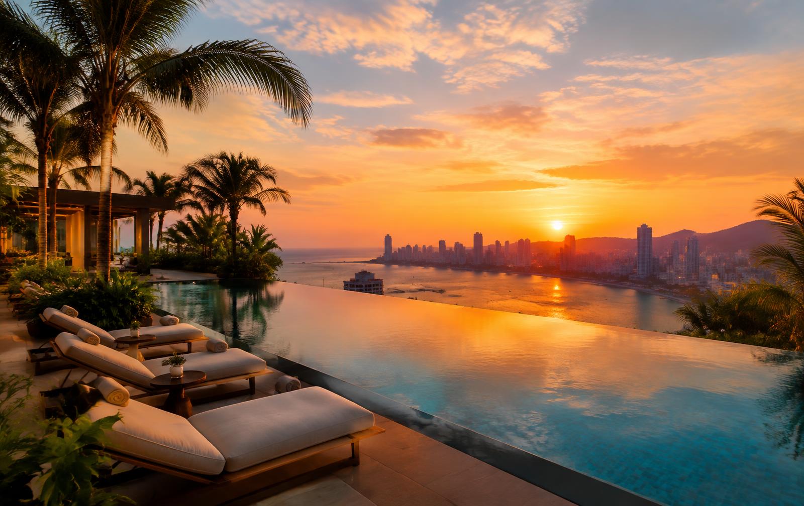 Rooftop infinity pool overlooking a tropical city skyline at sunset