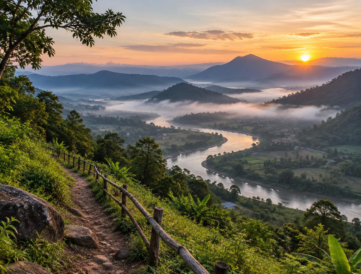 Mountain viewpoint over a misty river valley in Thailand at sunrise
